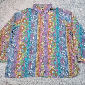 Vintage Bonworth Shirt Womens Blue 1X Paisley Button Up Lightweight Casual
